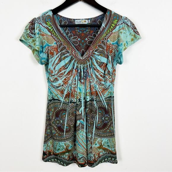 Unity World Wear Y2K Blue Short Sleeve Blouse Size Small Petite - Picture 1 of 5